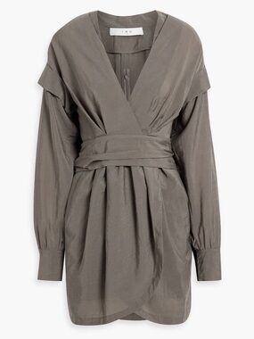 IRO Olive-Grey Wrap Waist Long-Sleeve Mini Dress